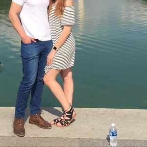 Off the shoulder white and lack stripes dress